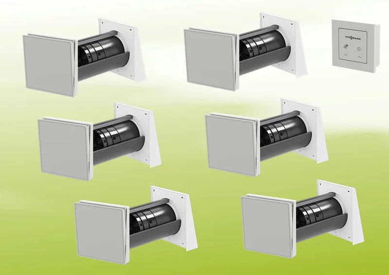 6x Viessmann Vitovent 100-D Typ H40E B55 (L) z jednostką sterującą 100-D i okablowaniem, zestaw wentylacyjny